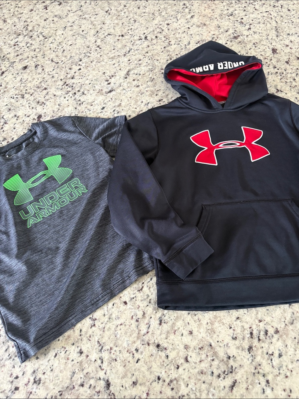 Under Armour Kids Black Hoodie with Red Logo & Gray Tee with Green Logo